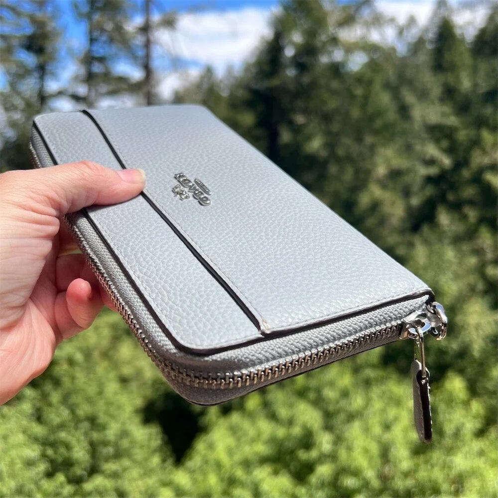 COACH Long Zip-Around Wallet Blue/Gray Pebble Leather Wallet Silver Hardware